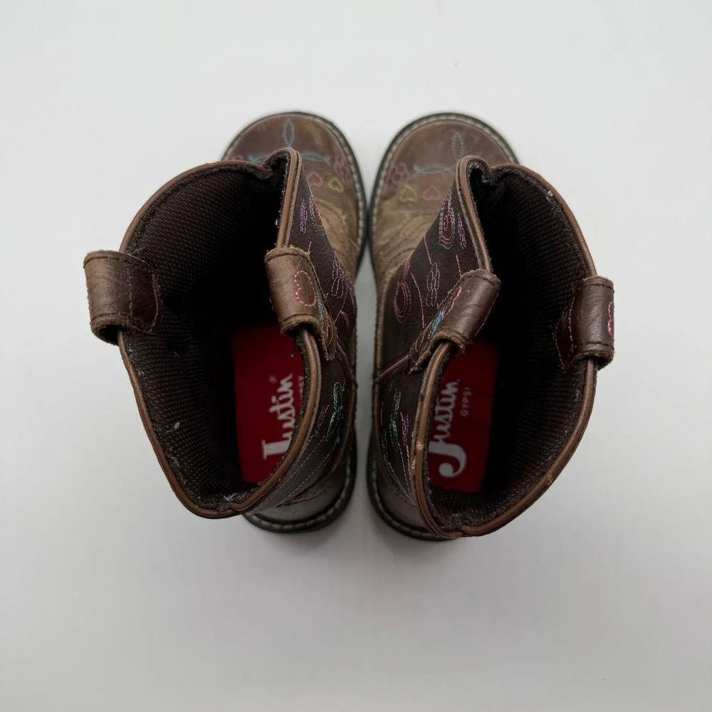 Justin Gypsy Western Light Up Boots Kids 2D Brown Leather Heart Flower Cowboy